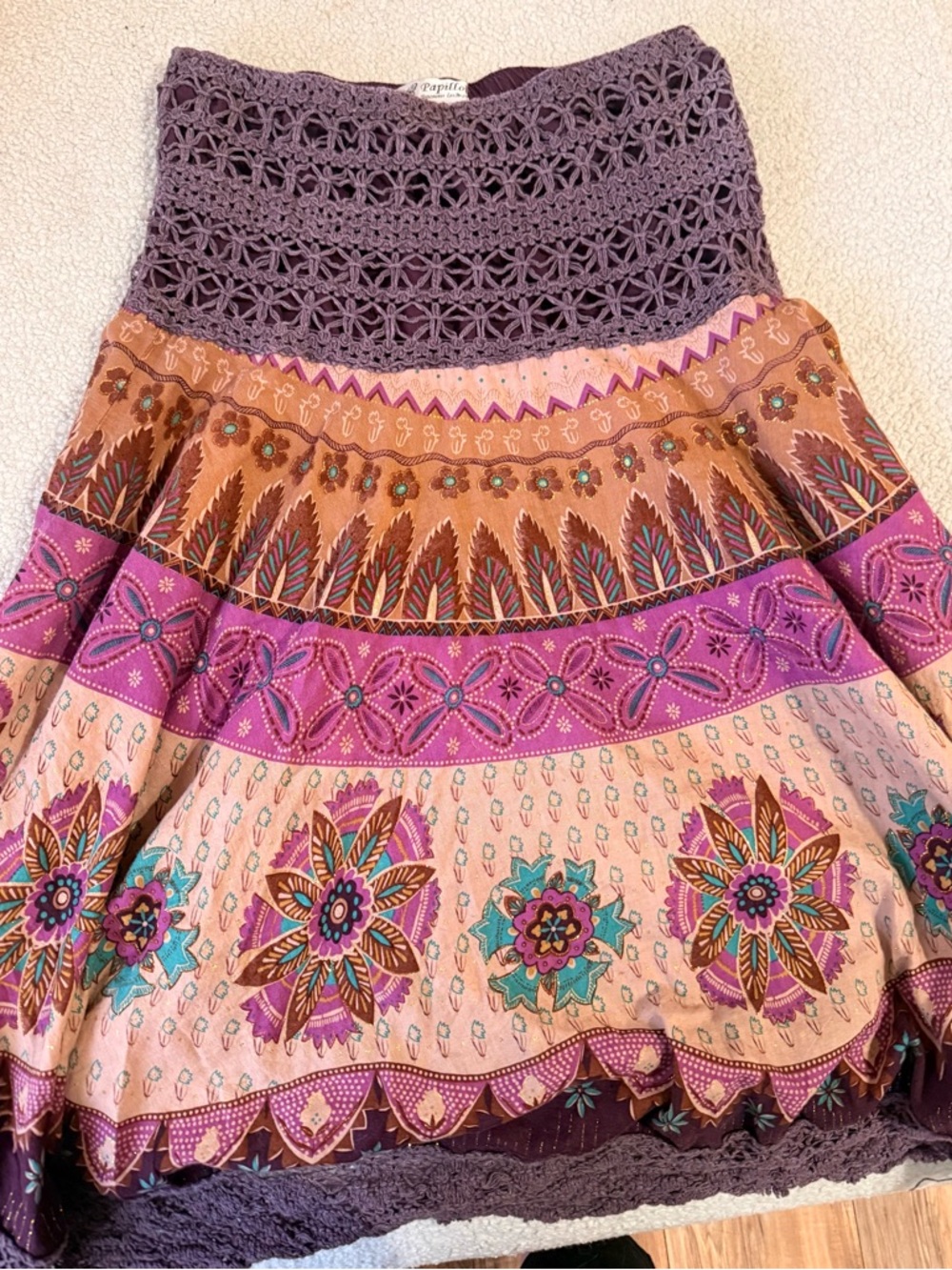 Papillon Blanc Purple Crochet-Waist Floral Skirt with Pink & Teal Accents